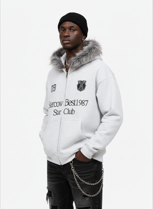Letter Medal Embroidered Cardigan Fur Collar Hooded Sweatshirt - thumbnail 3