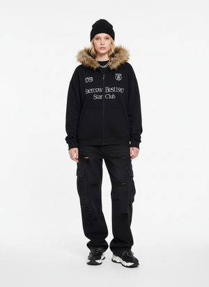 Letter Medal Embroidered Cardigan Fur Collar Hooded Sweatshirt - thumbnail 7