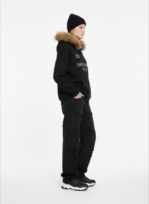 Letter Medal Embroidered Cardigan Fur Collar Hooded Sweatshirt - thumbnail 8