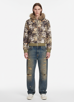 Skull Camouflage Fur Collar Hot Diamond Hooded Jacket - thumbnail 5