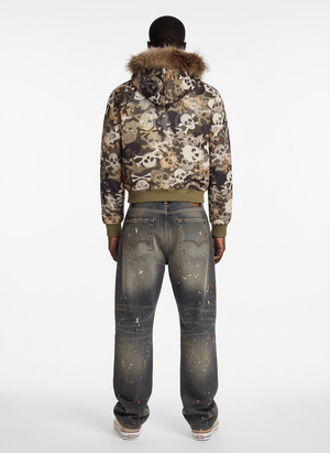 Skull Camouflage Fur Collar Hot Diamond Hooded Jacket - thumbnail 7