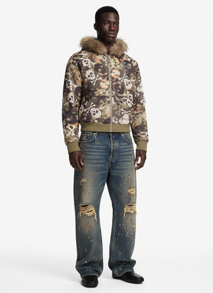 Skull Camouflage Fur Collar Hot Diamond Hooded Jacket - thumbnail 4