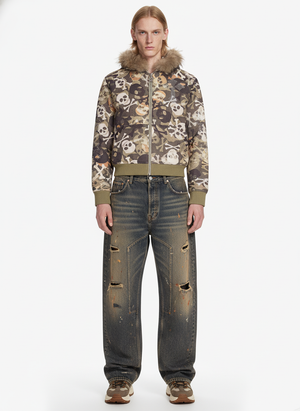 Skull Camouflage Fur Collar Hot Diamond Hooded Jacket - thumbnail 3