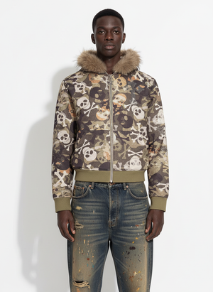 Skull Camouflage Fur Collar Hot Diamond Hooded Jacket - thumbnail 2