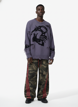 Hip-Hop Dark Skull Frayed-Edge Knit Sweater - thumbnail 7