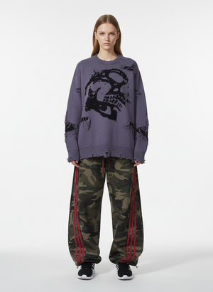 Hip-Hop Dark Skull Frayed-Edge Knit Sweater - thumbnail 6