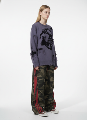 Hip-Hop Dark Skull Frayed-Edge Knit Sweater - thumbnail 8
