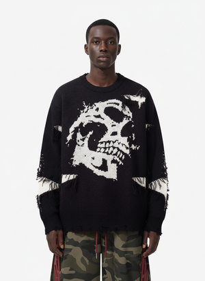 Hip-Hop Dark Skull Frayed-Edge Knit Sweater - thumbnail 3
