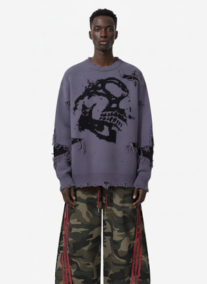 Hip-Hop Dark Skull Frayed-Edge Knit Sweater - thumbnail 5
