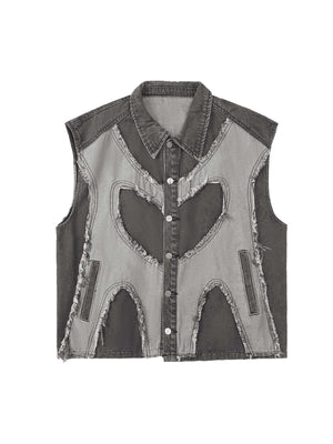 Make a bold style statement with the Contrast Denim Heart Stitching Street Rap Vest. Crafted from durable denim, this sleeveless vest features a standout reflective heart design that brings a modern twist to edgy streetwear. With a front zipper closure an