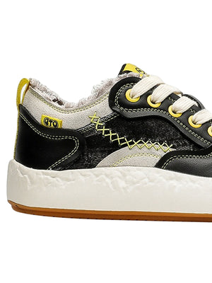 Black and Yellow Big Toe Sneakers with Frayed Collar – Black heel close-up | XoKool
