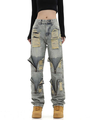 High Street Washed And Torn Work Pockets Denim Pants Streetwear - thumbnail 4