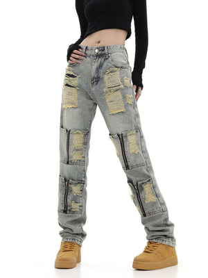 High Street Washed And Torn Work Pockets Denim Pants Streetwear - thumbnail 6