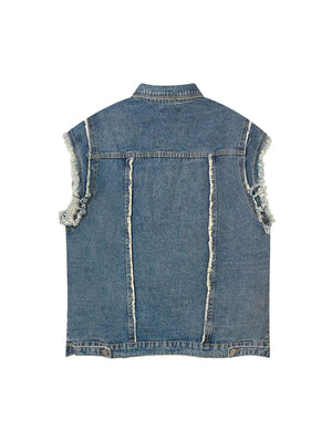 Add a rugged edge to your wardrobe with the High Street Washed Raw Edge Denim Vest. Made from durable denim, this sleeveless vest features frayed hems, distressed detailing, and classic chest pockets for a worn-in, vintage-inspired look. The button closur