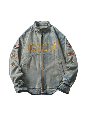 Elevate your streetwear with the Hip Hop Badge Embroidered Do Over Denim Jacket. Made from durable denim, this standout piece features eye-catching embroidered text and graphics across the sleeves and chest, giving it bold personality and hip-hop attitude