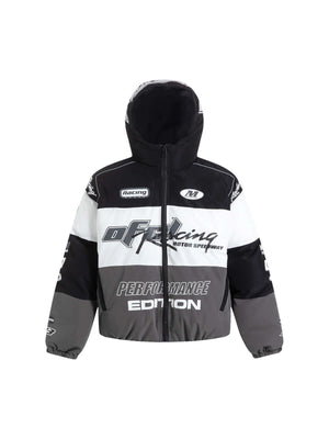 Fuel your winter wardrobe with the Motorcycle Racing Puffer Jacket — a bold outerwear piece inspired by speed and built for warmth. Crafted from durable polyester with cozy fleece lining, this jacket features a dynamic color block pattern, branded patch,