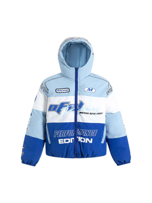 Fuel your winter wardrobe with the Motorcycle Racing Puffer Jacket — a bold outerwear piece inspired by speed and built for warmth. Crafted from durable polyester with cozy fleece lining, this jacket features a dynamic color block pattern, branded patch,
