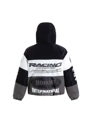 Fuel your winter wardrobe with the Motorcycle Racing Puffer Jacket — a bold outerwear piece inspired by speed and built for warmth. Crafted from durable polyester with cozy fleece lining, this jacket features a dynamic color block pattern, branded patch,