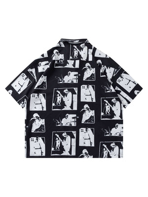 Silhouette print camp collar shirt – Black, back view | XoKool