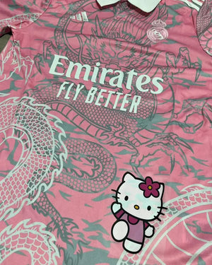 Show off your love for Real Madrid and Hello Kitty with our Dragon Jersey! Made with high-quality materials for maximum comfort and durability. Perfect for any fan or collector, this jersey showcases unique design elements that make it truly one-of-a-kind
