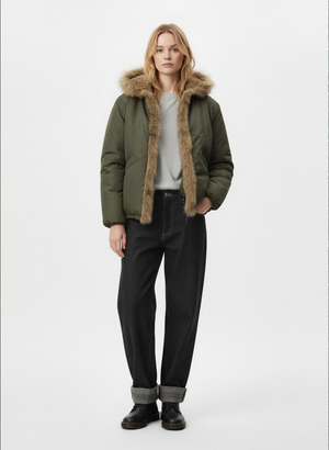 Retro Pleated Fur Hooded Padded Jacket - thumbnail 7