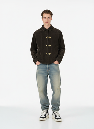 Retro Unique Metal Button Suede Lapel Bomber Jacket - thumbnail 5