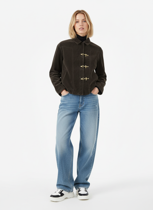 Retro Unique Metal Button Suede Lapel Bomber Jacket - thumbnail 8