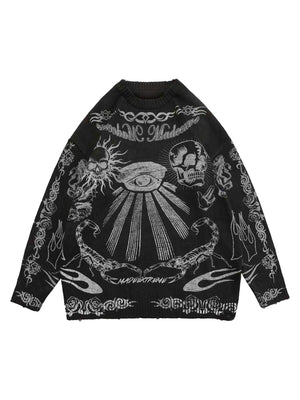 Add rebellious flair to your wardrobe with the Skull Print Distressed Sweater — a bold piece that fuses comfort with urban attitude. Crafted from a soft cotton blend, this long-sleeve sweater features a striking skull and crossbones graphic, ribbed cuffs