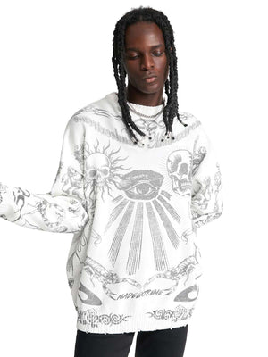 Add rebellious flair to your wardrobe with the Skull Print Distressed Sweater — a bold piece that fuses comfort with urban attitude. Crafted from a soft cotton blend, this long-sleeve sweater features a striking skull and crossbones graphic, ribbed cuffs
