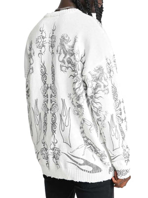 Add rebellious flair to your wardrobe with the Skull Print Distressed Sweater — a bold piece that fuses comfort with urban attitude. Crafted from a soft cotton blend, this long-sleeve sweater features a striking skull and crossbones graphic, ribbed cuffs