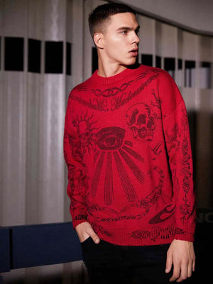 Add rebellious flair to your wardrobe with the Skull Print Distressed Sweater — a bold piece that fuses comfort with urban attitude. Crafted from a soft cotton blend, this long-sleeve sweater features a striking skull and crossbones graphic, ribbed cuffs