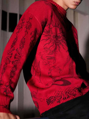 Add rebellious flair to your wardrobe with the Skull Print Distressed Sweater — a bold piece that fuses comfort with urban attitude. Crafted from a soft cotton blend, this long-sleeve sweater features a striking skull and crossbones graphic, ribbed cuffs
