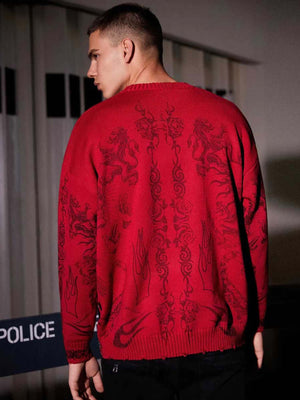 Add rebellious flair to your wardrobe with the Skull Print Distressed Sweater — a bold piece that fuses comfort with urban attitude. Crafted from a soft cotton blend, this long-sleeve sweater features a striking skull and crossbones graphic, ribbed cuffs
