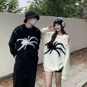 Spider sweater – street photo, couple wearing Black and Cream | XoKool