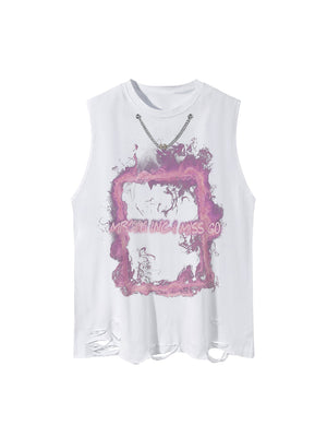 Retro Distressed Washed Smoke Printed Vest Streetwear - thumbnail 2