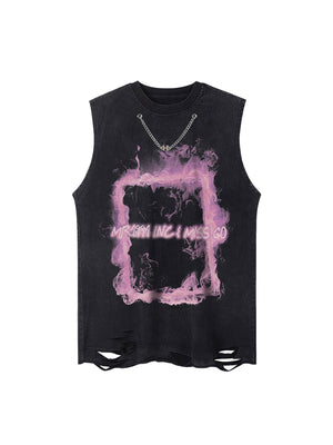 Retro Distressed Washed Smoke Printed Vest Streetwear - thumbnail 1