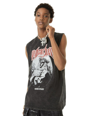Retro Washed Character Thorns Street Rap Vest Streetwear - thumbnail 3