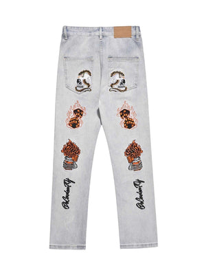 Skull Flame Monogram Embroidered Slim Fit Jeans Streetwear - thumbnail 2