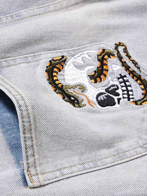Skull Flame Monogram Embroidered Slim Fit Jeans Streetwear - thumbnail 4