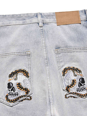Skull Flame Monogram Embroidered Slim Fit Jeans Streetwear - thumbnail 6