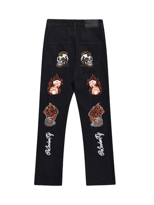 Skull Flame Monogram Embroidered Slim Fit Jeans Streetwear - thumbnail 1