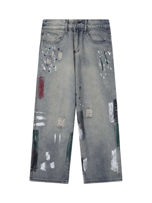 Vintage Ink Splash Washed And Distressed Jeans Streetwear - thumbnail 1