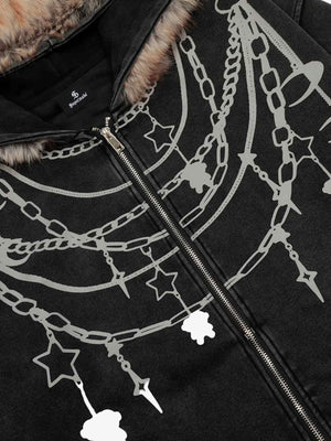 Retro Chain-Decorated Washed Fur Collar Hooded Jacket - thumbnail 3