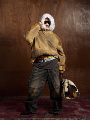 Street Vintage Fog-Dyed Fur Collar Patchwork Hooded Padded Jacket - thumbnail 3