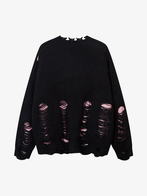 Irregular Neck Hole Hollow Knit Raw Edge Sweater - thumbnail 3