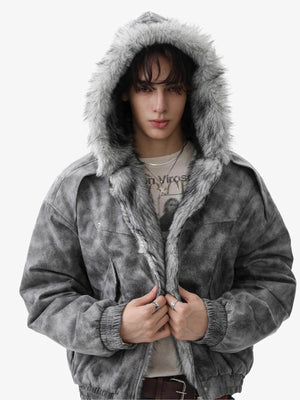 Faux Suede Vintage Wash Fur Hood Padded Jacket - thumbnail 3