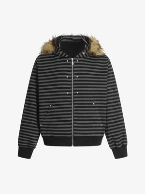 Detachable Fur Collar Striped Hooded Sweatshirt - thumbnail 1