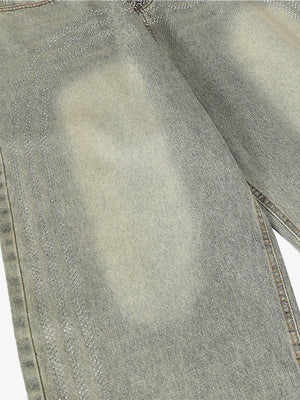 Light Wash Baggy Jeans with Rhinestone Stripes – thigh fade close-up | XoKool