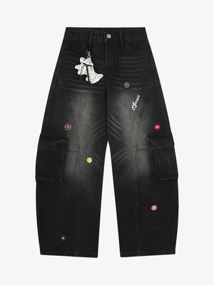 Blumen Barrel Jeans – Washed Schwarz, Vorderansicht | XoKool