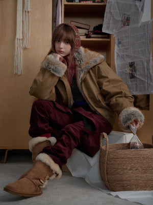 Retro Fur Collar Quilted Workwear Cotton Jacket - thumbnail 3